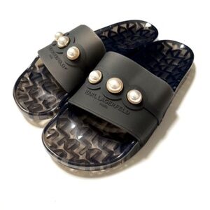 NWOB KARL LAGERFELD Tula Transparent Pearl Slide Black Size 8 Rubber Pool